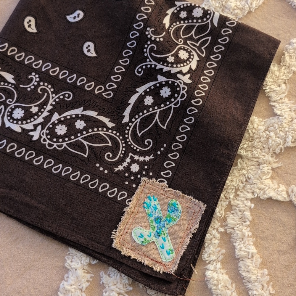 Bandana scarf w cactus, upcycled, embroidery cactus patch, Pick 1 HANDMADE ITEM - Picture 11 of 16
